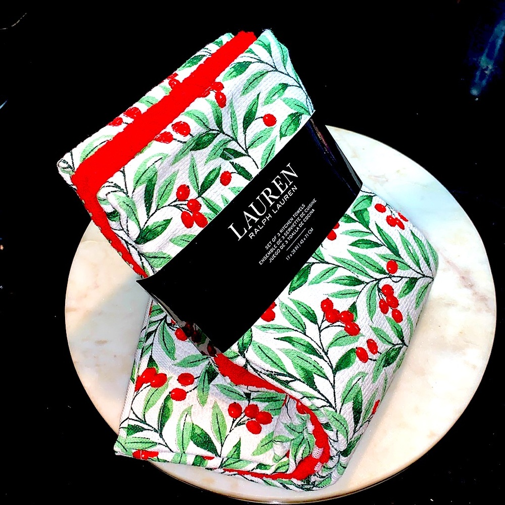 RALPH LAUREN KITCHEN TOWELS HOLIDAY BERRIES SET OF 3 NEW